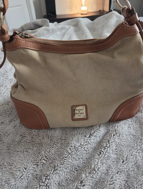 Dooney & Bourke Tan Canvas and Brown Leather Shoulder Bag - Picture 1 of 13